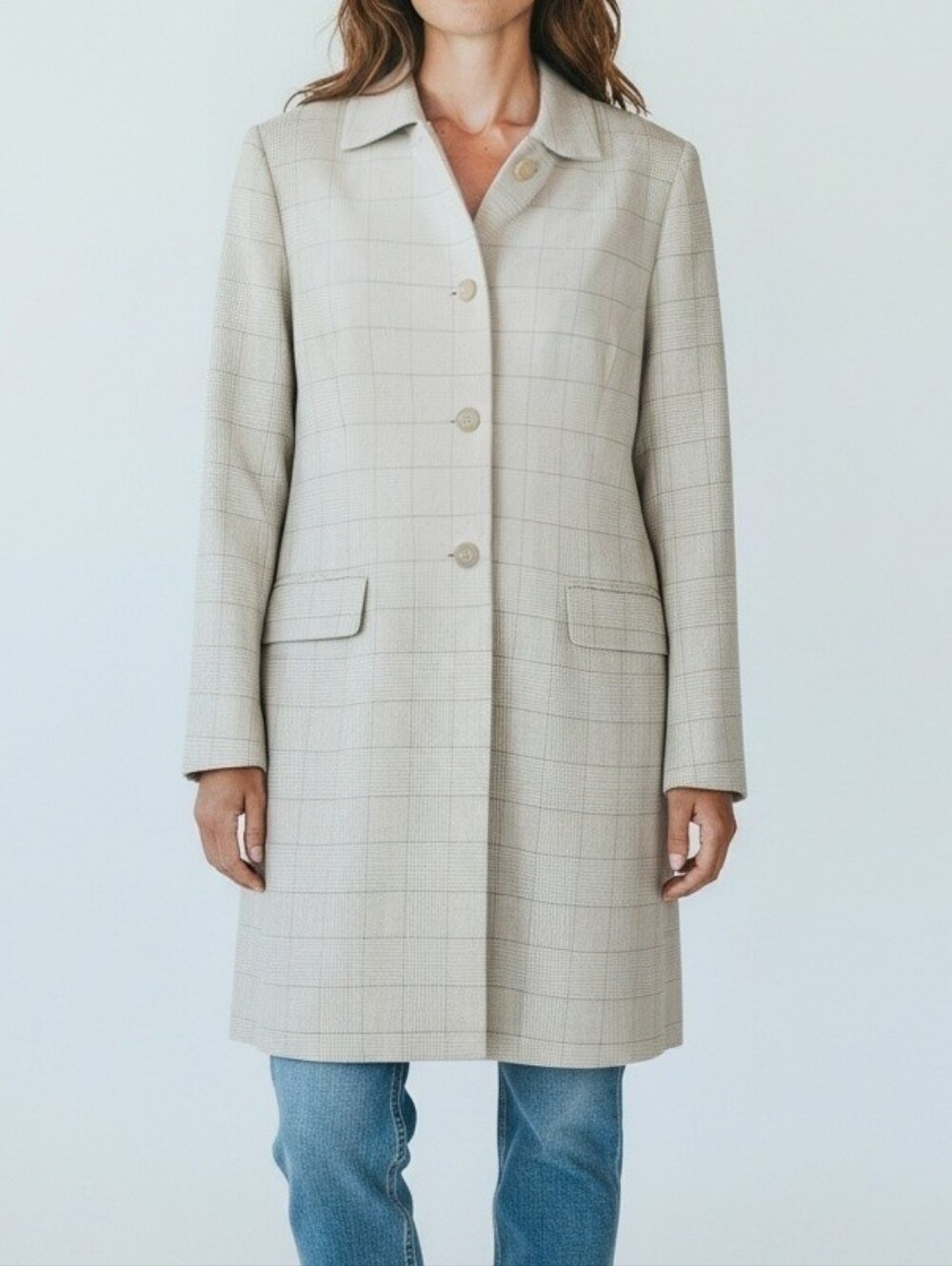Ann Taylor Light Cream Plaid Long Blazer Jacket